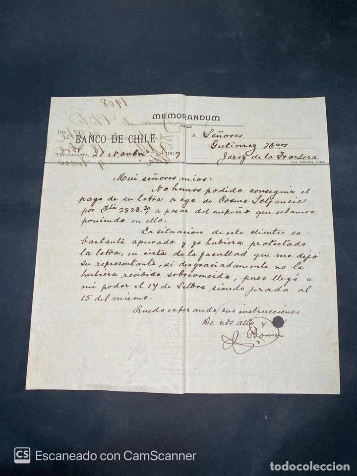 Gesch&auml;ftsbriefe: MEMORANDUM. BANCO DE CHILE. DIRIGIDO A GUTIERREZ HNOS. ANTOFAGASTA-CHILE, 1908.