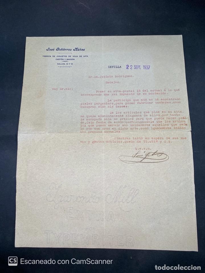 Gesch&auml;ftsbriefe: CARTA COMERCIAL. JOSE GUTIERREZ NU&Ntilde;EZ. FABRICA DE JUGUETES DE HOJA LATA. SEVILLA,1937
