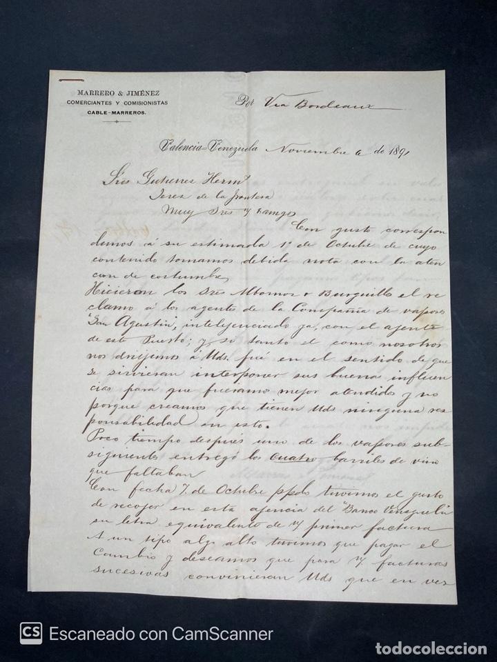 Gesch&auml;ftsbriefe: CARTA COMERCIAL. MARRERO & JIMENEZ. DIRIGIDA A GUTIERREZ HERMANOS. VALENCIA-VENEZUELA, 1891