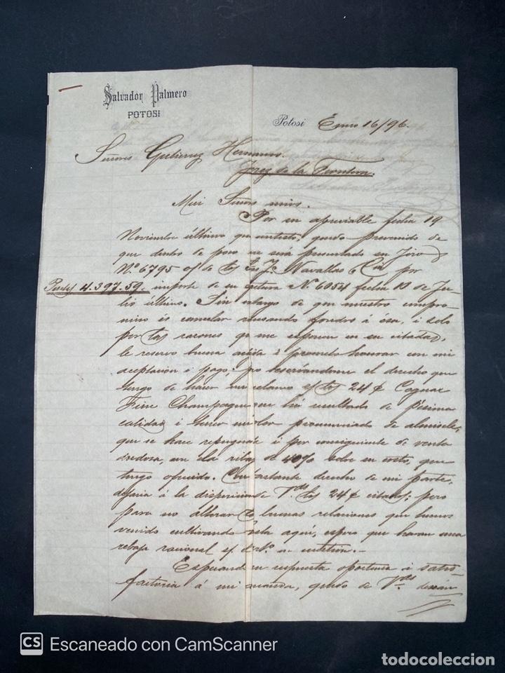 Gesch&auml;ftsbriefe: CARTA COMERCIAL. SALVADOR PALMERO. DIRIGIDA A GUTIERREZ HNOS. POTOSI- BOLIVIA, 1896