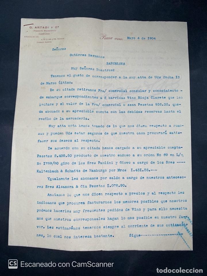 Gesch&auml;ftsbriefe: CARTA COMERCIAL. G. ARTADI Y CIA. DIRIGIDA A GUTIERREZ HERMANOS. PIURA-PERU, 1904