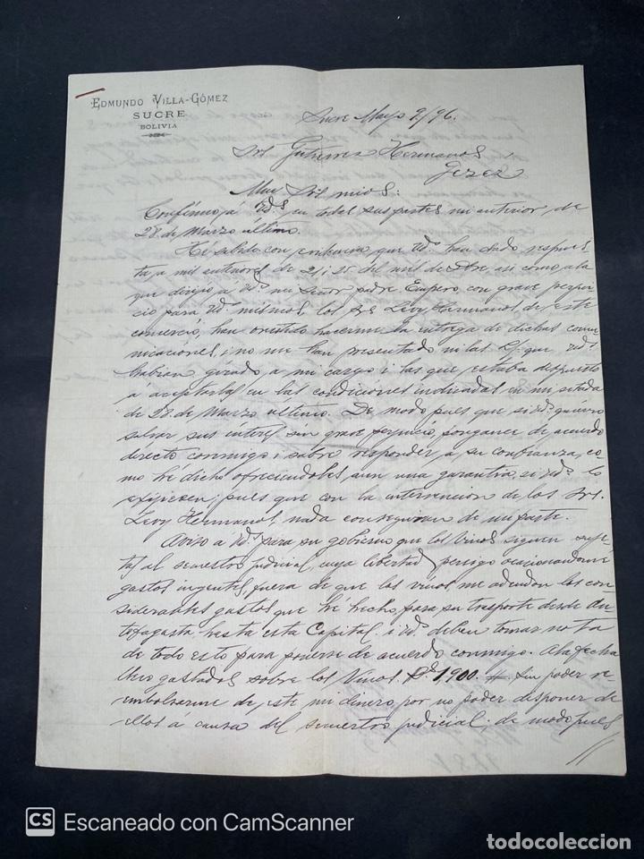 Gesch&auml;ftsbriefe: CARTA COMERCIAL. EDMUNDO VILLA-GOMEZ. DIRIGIDA A GUTIERREZ HERMANOS. SUCRE-BOLIVIA, 1896.