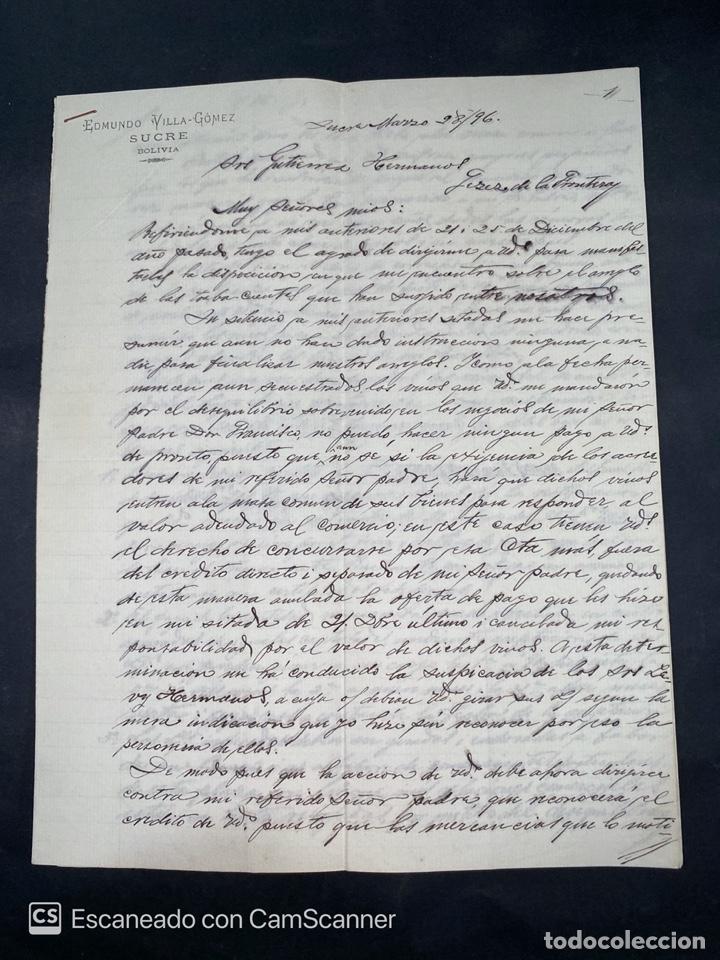 Gesch&auml;ftsbriefe: CARTA COMERCIAL. EDMUNDO VILLA-GOMEZ. DIRIGIDA A GUTIERREZ HERMANOS. SUCRE-BOLIVIA, 1896.