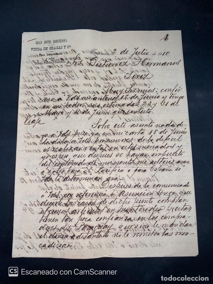 Gesch&auml;ftsbriefe: CARTA COMERCIAL. VIUDA DE GRASAS Y CIA. DIRIGIDA A GUTIERREZ HERMANOS. MONTEVIDEO-URUGUAY, 1910