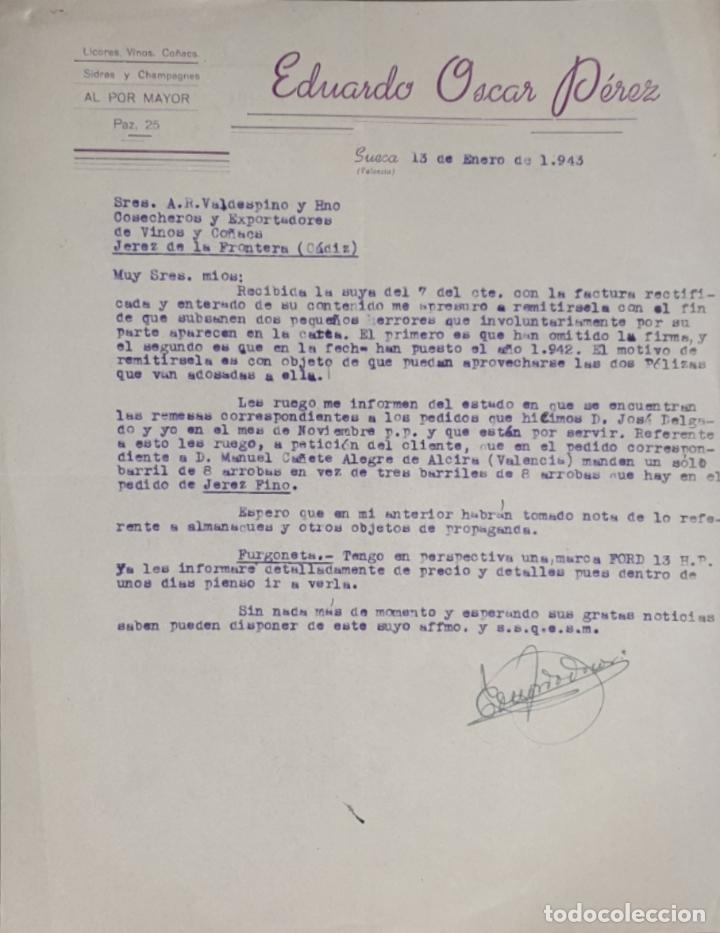Gesch&auml;ftsbriefe: Carta comercial. Eduardo Oscar P&eacute;rez. Licores, vinos, Co&ntilde;acs. Valencia. Espa&ntilde;a 1943