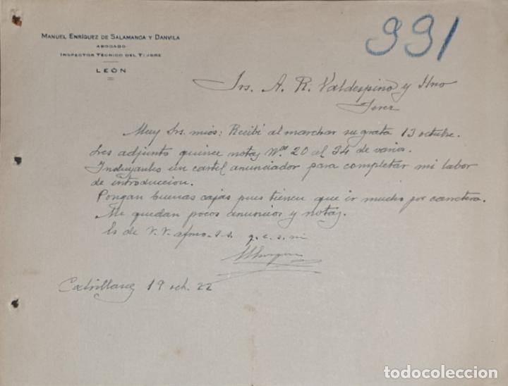 Gesch&auml;ftsbriefe: Carta comercial. Manuel Enr&iacute;quez de Salamanca y Danvila. Abogado. Le&oacute;n. Espa&ntilde;a 1922