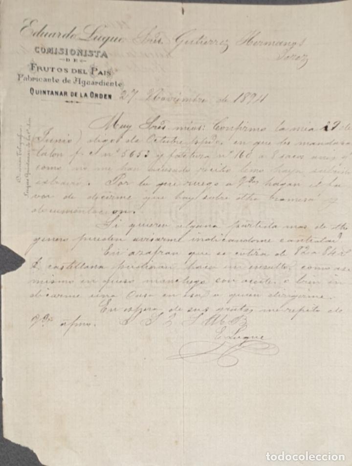 Gesch&auml;ftsbriefe: Carta comercial.Eduardo Luque.Comisionista.Fabricantes de aguardientes.Quintanar de la Orden.Espa&ntilde;a