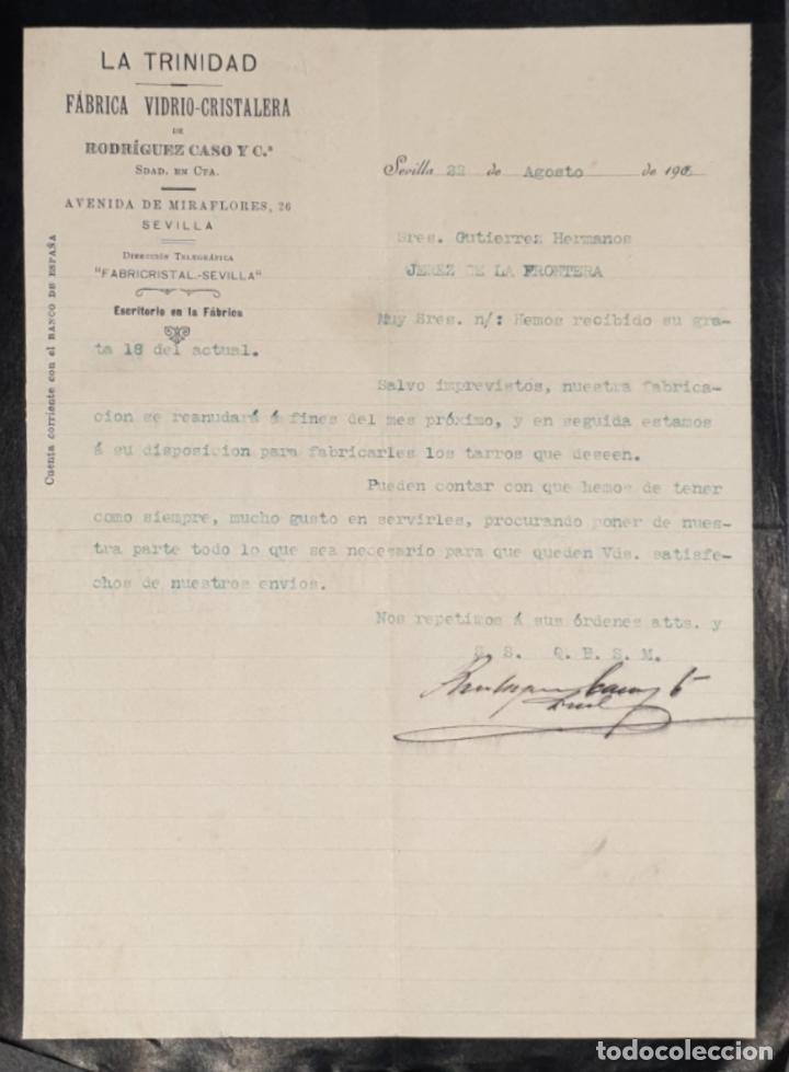 Gesch&auml;ftsbriefe: Carta comercial. La Trinidad. F&aacute;brica Vidrio-Cristaler&iacute;a. Rodriguez Caso y C&ordf;. Sevilla 1905