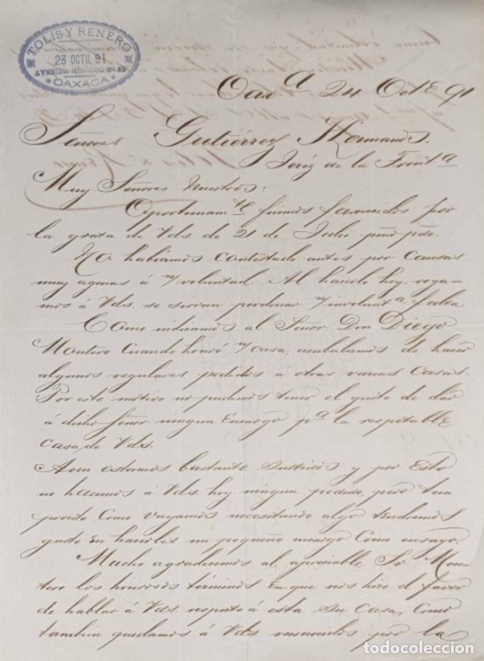 Gesch&auml;ftsbriefe: Carta comercial. Tolis Y Renero. Oaxaca. Mexico 1891