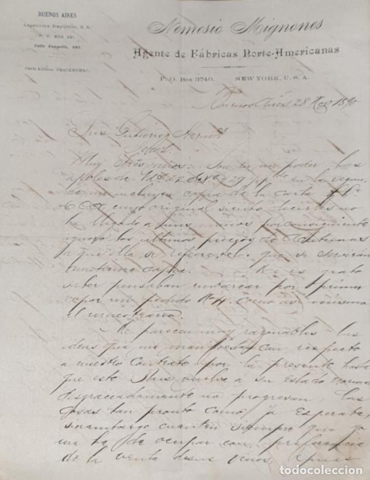 Gesch&auml;ftsbriefe: Carta comercial. Nemesio Mignones. Agente de F&aacute;bricas Norte-Americanas. Buenos Aires. Argentina 1890