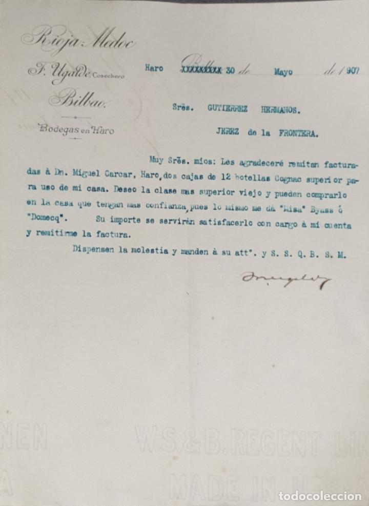 Gesch&auml;ftsbriefe: Carta comercial. Rioja Medoc. F. Ugalde Cosechero. Bilbao. Espa&ntilde;a 1907