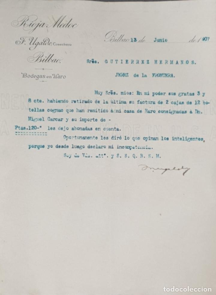 Gesch&auml;ftsbriefe: Carta comercial. Rioja Medoc. F. Ugalde Cosechero. Bilbao. Espa&ntilde;a 1907