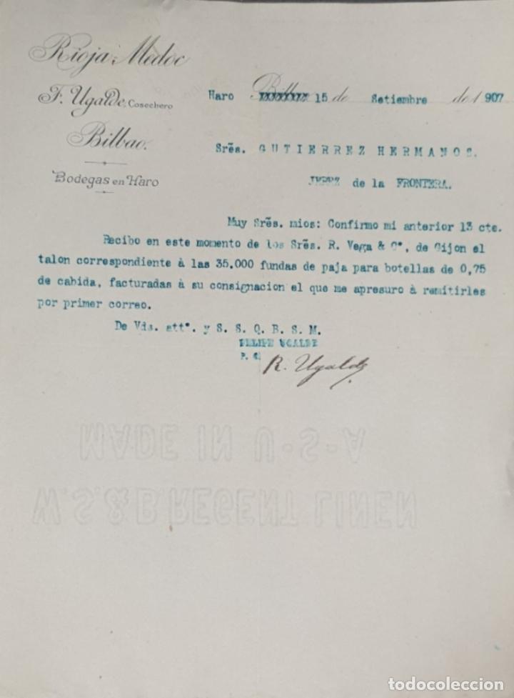 Gesch&auml;ftsbriefe: Carta comercial. Rioja Medoc. F. Ugalde Cosechero. Bilbao. Espa&ntilde;a 1907