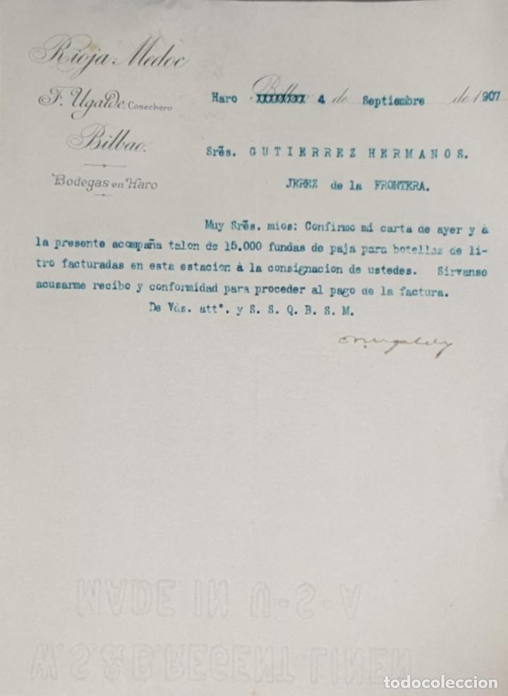 Gesch&auml;ftsbriefe: Carta comercial. Rioja Medoc. F. Ugalde Cosechero. Bilbao. Espa&ntilde;a 1907