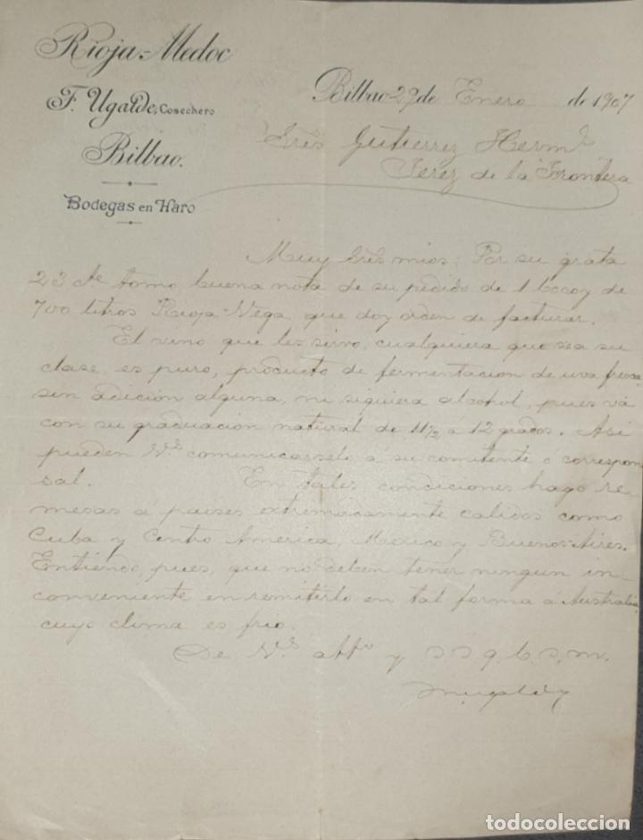 Gesch&auml;ftsbriefe: Carta comercial. Rioja Medoc. F. Ugalde Cosechero. Bilbao. Espa&ntilde;a 1907