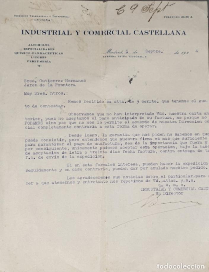 Gesch&auml;ftsbriefe: Carta comercial. Industrial y Comercial Castellana. Alcoholes-Licores-Perfumer&iacute;a. Madrid 1924