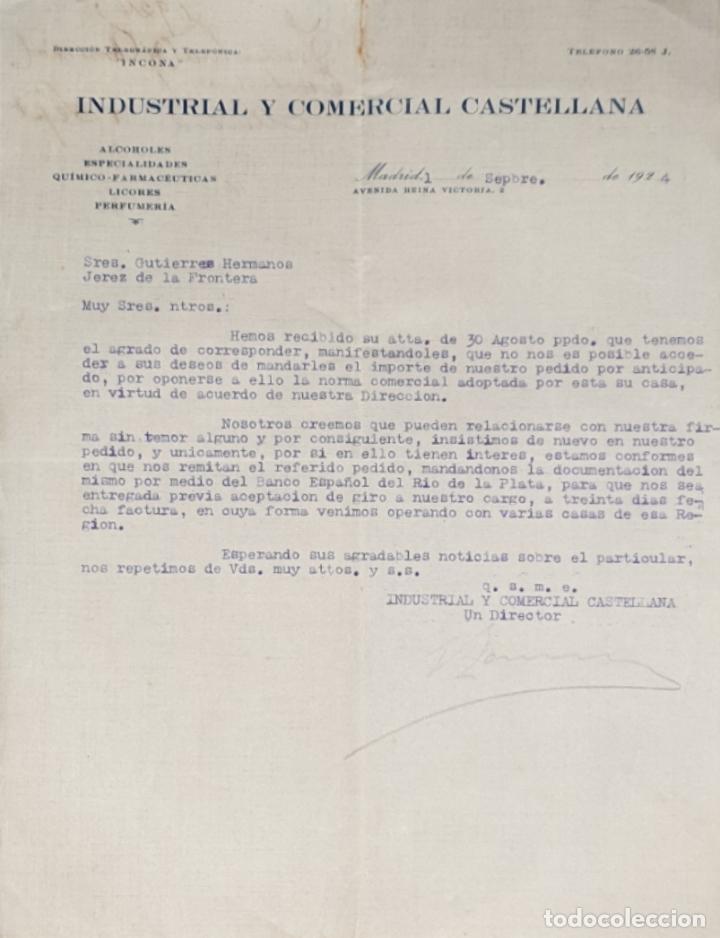 Gesch&auml;ftsbriefe: Carta comercial. Industrial y Comercial Castellana. Alcoholes-Licores-Perfumer&iacute;a. Madrid 1924