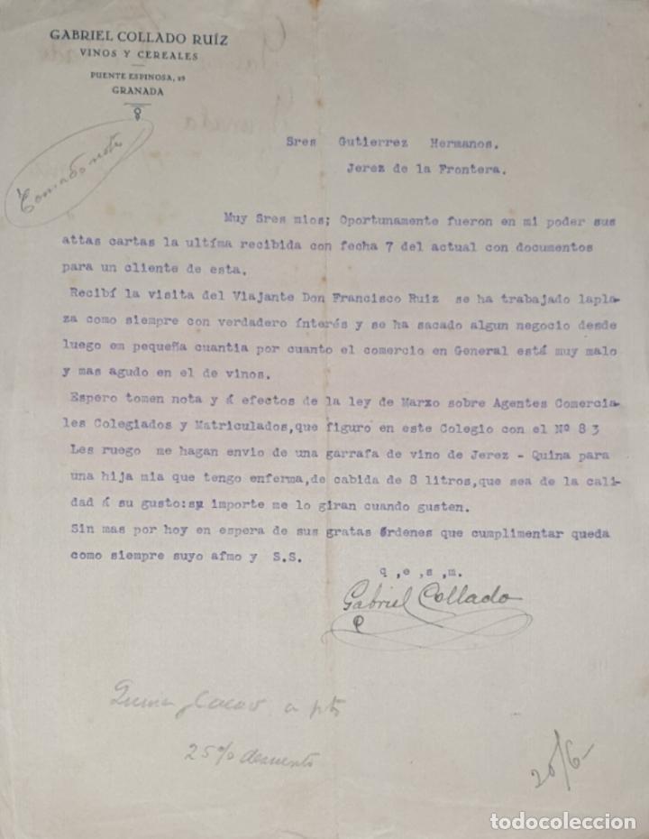Gesch&auml;ftsbriefe: Carta comercial. Gabriel Collado Ruiz. Vinos y Cereales. Granada. Espa&ntilde;a 1927