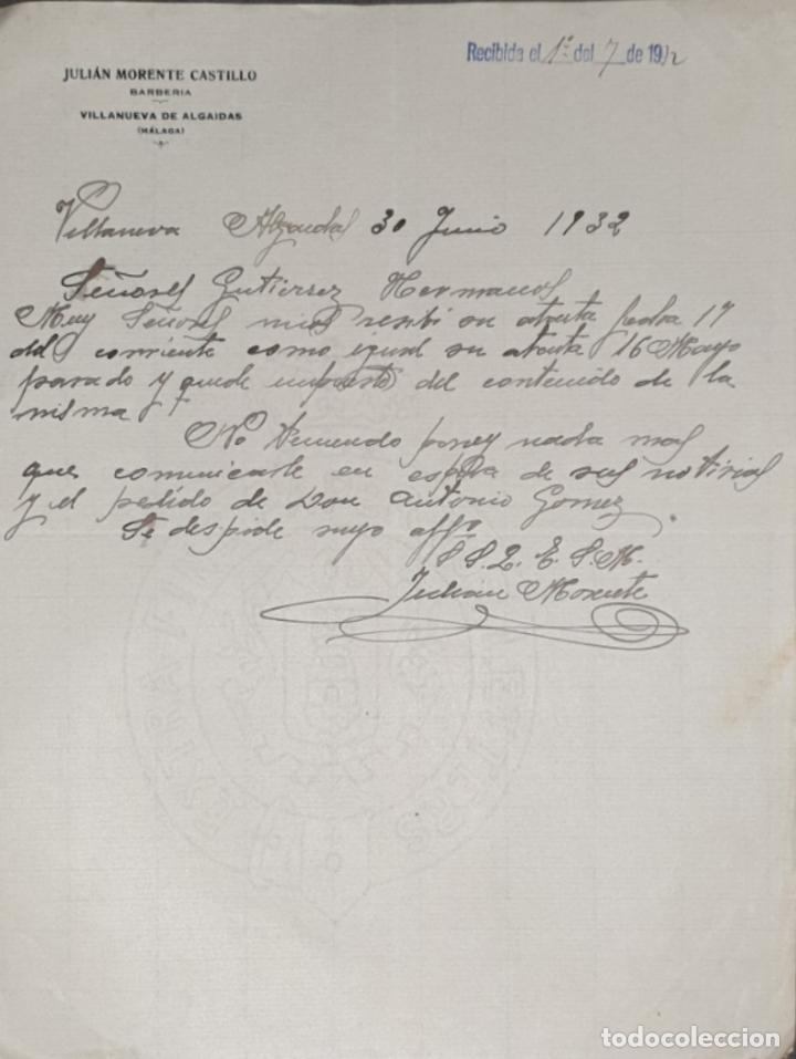 Commercial Letters: Carta comercial. Juli&aacute;n Morente Castillo. Barber&iacute;a. M&aacute;laga. Espa&ntilde;a 1932