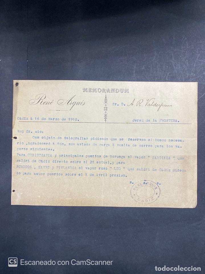 Cartas comerciais: MEMORANDUM. RENE ARQU&Iacute;S. CADIZ, 1910. DIRIGIDA A A.R. VALDESPINO & HERMANOS. JEREZ. VER