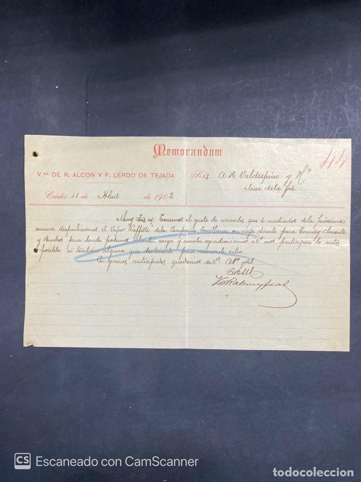 Cartas comerciais: MEMORANDUM. VDA. DE R. ALCON Y F. LERDO DE TEJADA. CADIZ, 1902. DIRIGIDA A A.R VALDESPINO & HNO.