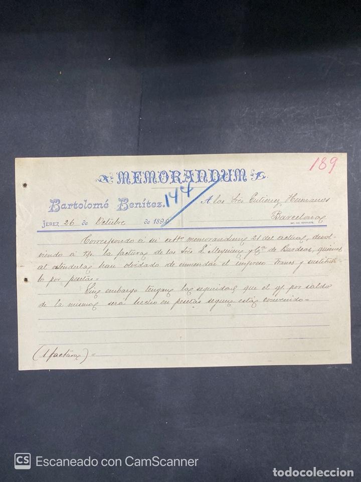 Cartas comerciais: MEMORANDUM. BARTOLOME BENITEZ. JEREZ, 1895. DIRIGIDA A GUTIERREZ HERMANOS, BARCELONA.