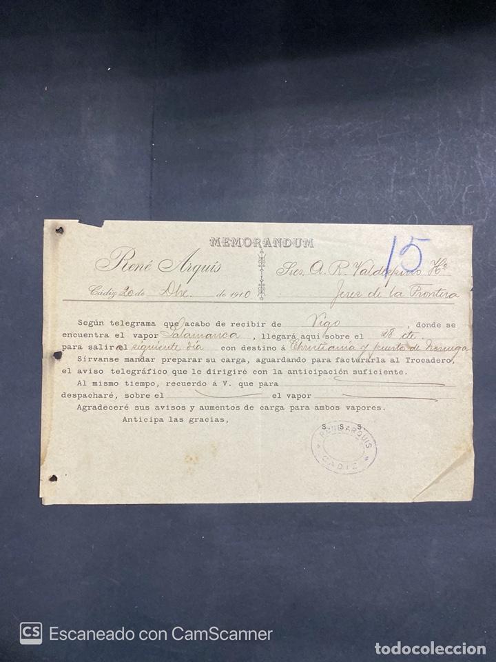 Cartas comerciais: MEMORANDUM. RENE ARQU&Iacute;S. CADIZ, 1910. DIRIGIDA A A.R. VALDESPINO & HERMANOS. JEREZ. VER