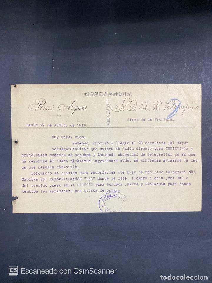 Cartas comerciais: MEMORANDUM. RENE ARQU&Iacute;S. CADIZ, 1910. DIRIGIDA A A.R. VALDESPINO & HERMANOS. JEREZ. VER