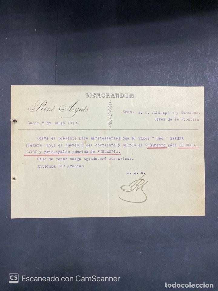 Cartas comerciais: MEMORANDUM. RENE ARQU&Iacute;S. CADIZ, 1910. DIRIGIDA A A.R. VALDESPINO & HERMANOS. JEREZ. VER