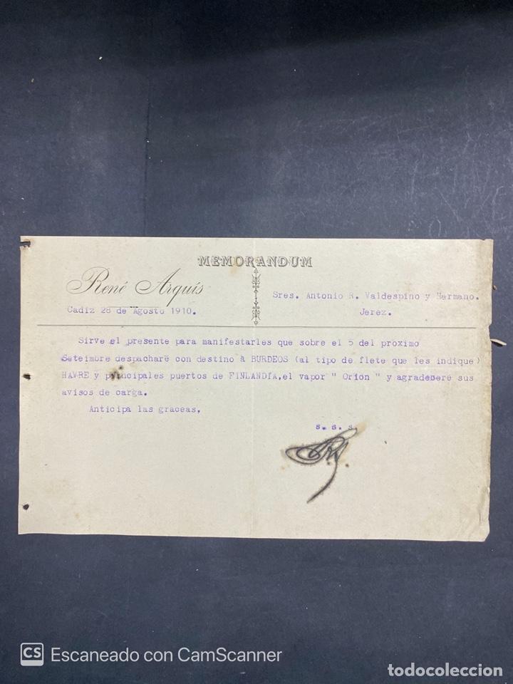 Cartas comerciais: MEMORANDUM. RENE ARQU&Iacute;S. CADIZ, 1910. DIRIGIDA A A.R. VALDESPINO & HERMANOS. JEREZ. VER