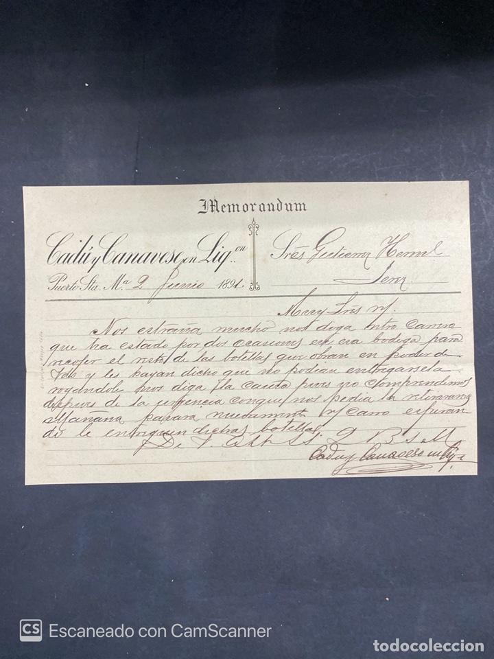 Cartas comerciais: MEMORANDUM. CADU Y CANAVESE EN LIQ. PUERTO SANTA MARIA, 1891. DIRIGIDA A GUTIERREZ HNOS., JEREZ.