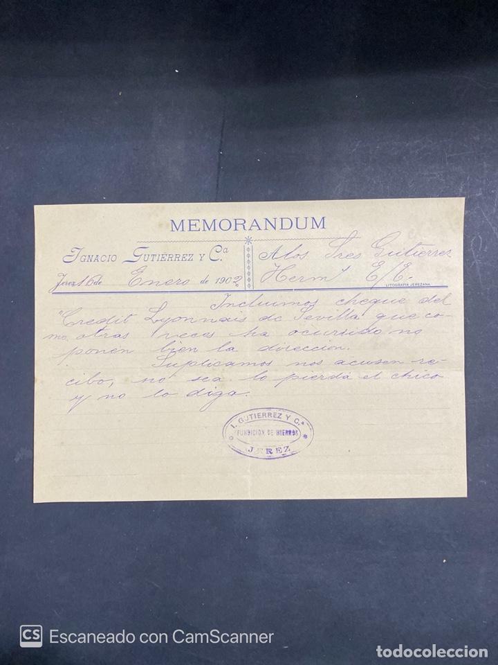 Cartas comerciais: MEMORANDUM. IGNACIO GUTIERREZ Y CIA. JEREZ, 1902. DIRIGIDA A GUTIERREZ HNOS., JEREZ