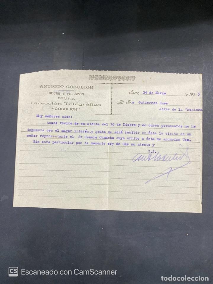 Cartas comerciais: MEMORANDUM. ANTONIO COSULICH. BOLIVIA, 1925. DIRIGIDA A GUTIERREZ HNOS., JEREZ. VER