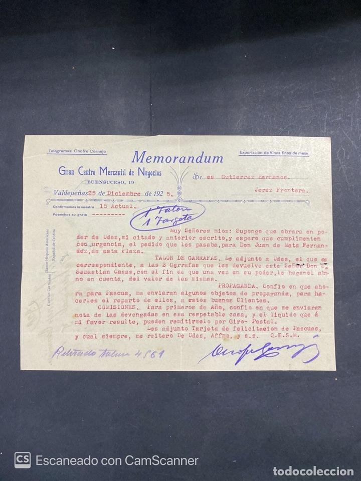 Cartas comerciais: MEMORANDUM. GRAN CENTRO MERCANTIL DE NEGOCIOS. VALDEPE&Ntilde;AS, 1925. DIRIGIDA A GUTIERREZ HNOS. JEREZ