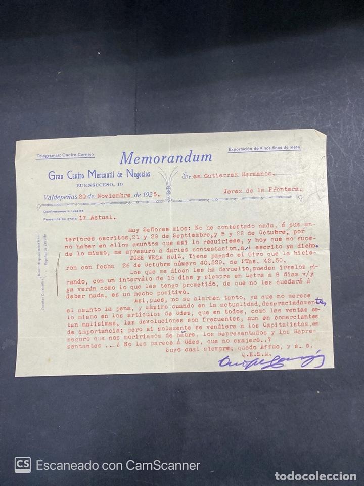 Cartas comerciais: MEMORANDUM. GRAN CENTRO MERCANTIL DE NEGOCIOS. VALDEPE&Ntilde;AS, 1925. DIRIGIDA A GUTIERREZ HNOS., JEREZ