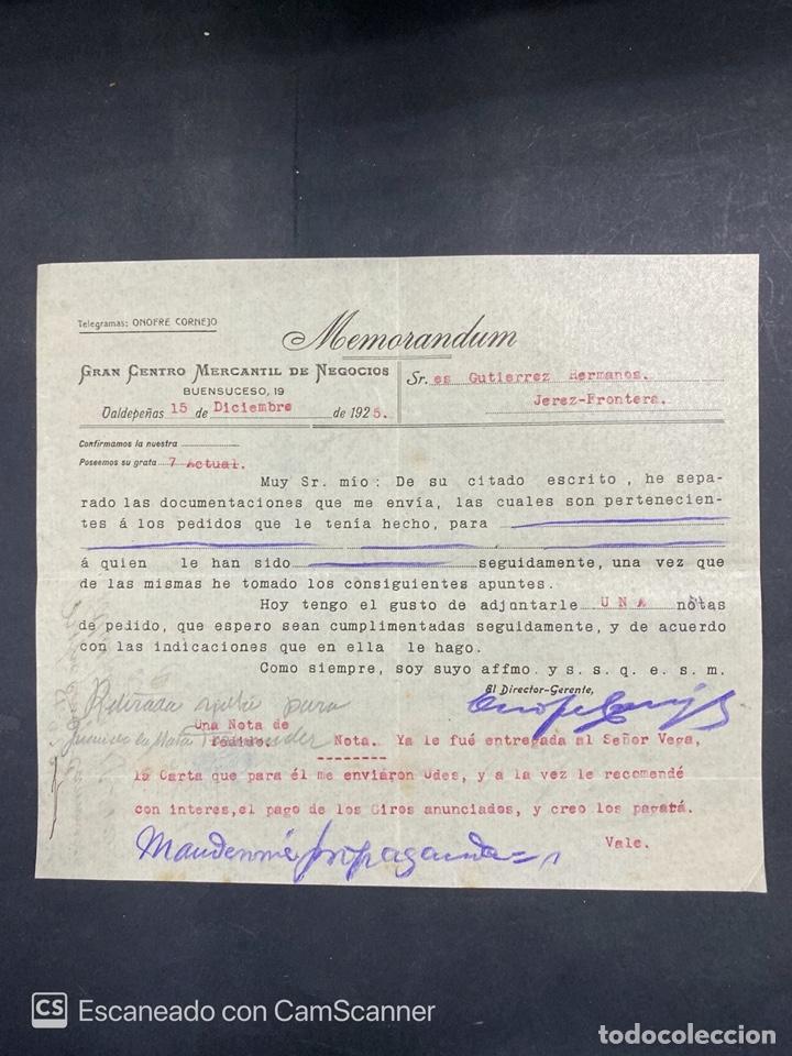 Cartas comerciais: MEMORANDUM. GRAN CENTRO MERCANTIL DE NEGOCIOS. VALDEPE&Ntilde;AS, 1925. DIRIGIDA A GUTIERREZ HNOS., JEREZ