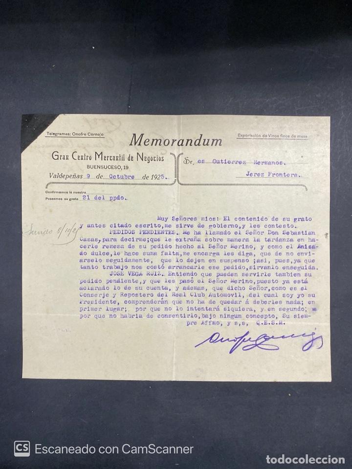 Cartas comerciais: MEMORANDUM. GRAN CENTRO MERCANTIL DE NEGOCIOS. VALDEPE&Ntilde;AS, 1925. DIRIGIDA A GUTIERREZ HNOS., JEREZ