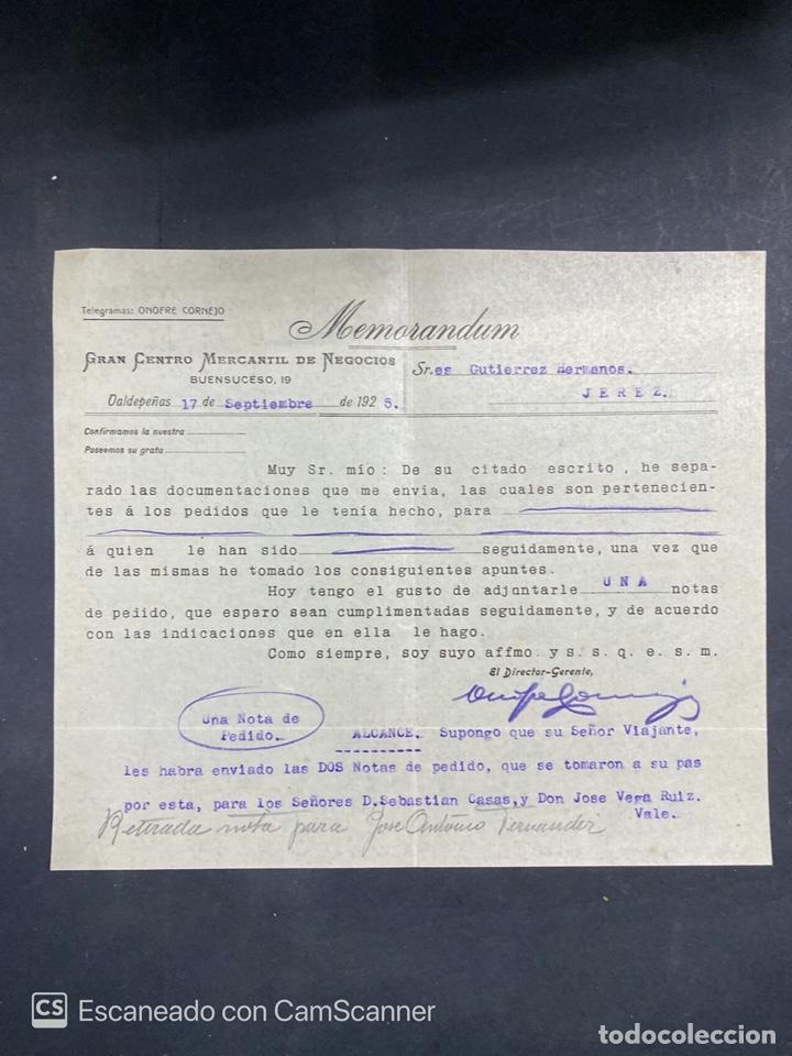Cartas comerciais: MEMORANDUM. GRAN CENTRO MERCANTIL DE NEGOCIOS. VALDEPE&Ntilde;AS, 1925. DIRIGIDA A GUTIERREZ HNOS., JEREZ