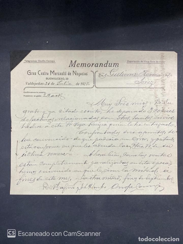 Cartas comerciais: MEMORANDUM. GRAN CENTRO MERCANTIL DE NEGOCIOS. VALDEPE&Ntilde;AS, 1925. DIRIGIDA A GUTIERREZ HNOS., JEREZ