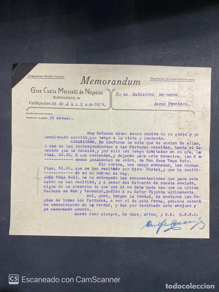 Cartas comerciais: MEMORANDUM. GRAN CENTRO MERCANTIL DE NEGOCIOS. VALDEPE&Ntilde;AS, 1925. DIRIGIDA A GUTIERREZ HNOS., JEREZ