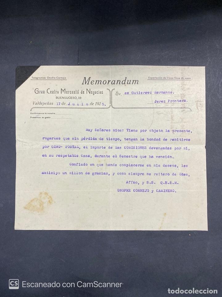 Cartas comerciais: MEMORANDUM. GRAN CENTRO MERCANTIL DE NEGOCIOS. VALDEPE&Ntilde;AS, 1925. DIRIGIDA A GUTIERREZ HNOS., JEREZ