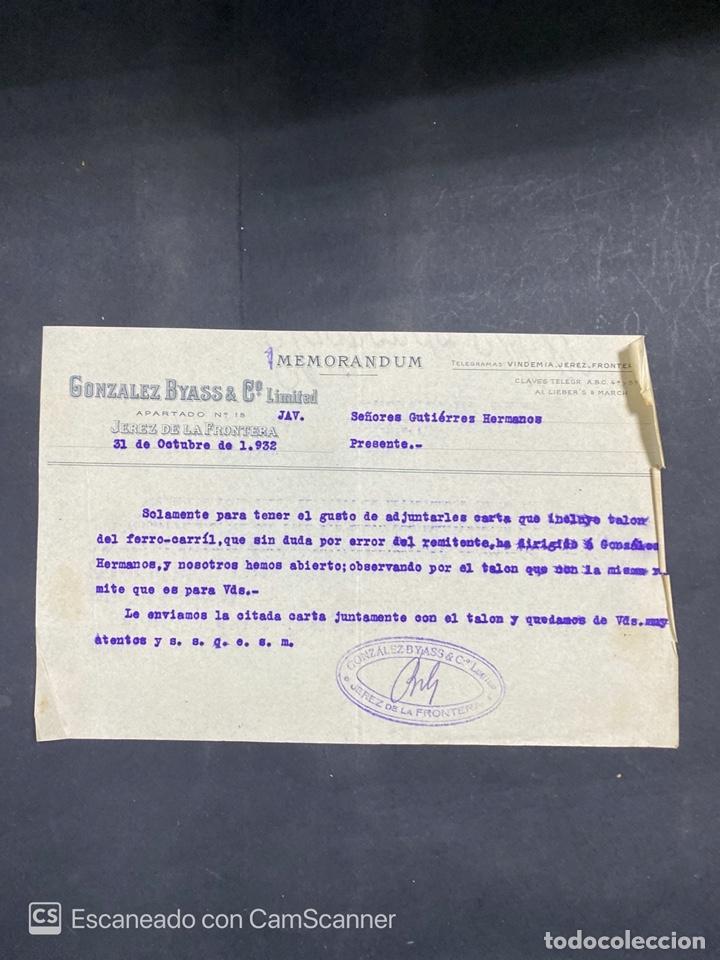 Cartas comerciais: MEMORANDUM. GONZALEZ BYASS & C&ordm;. LIMITED. JEREZ DE LA FRA., 1932. DIRIGIDA A GUTIERREZ HNOS., JEREZ