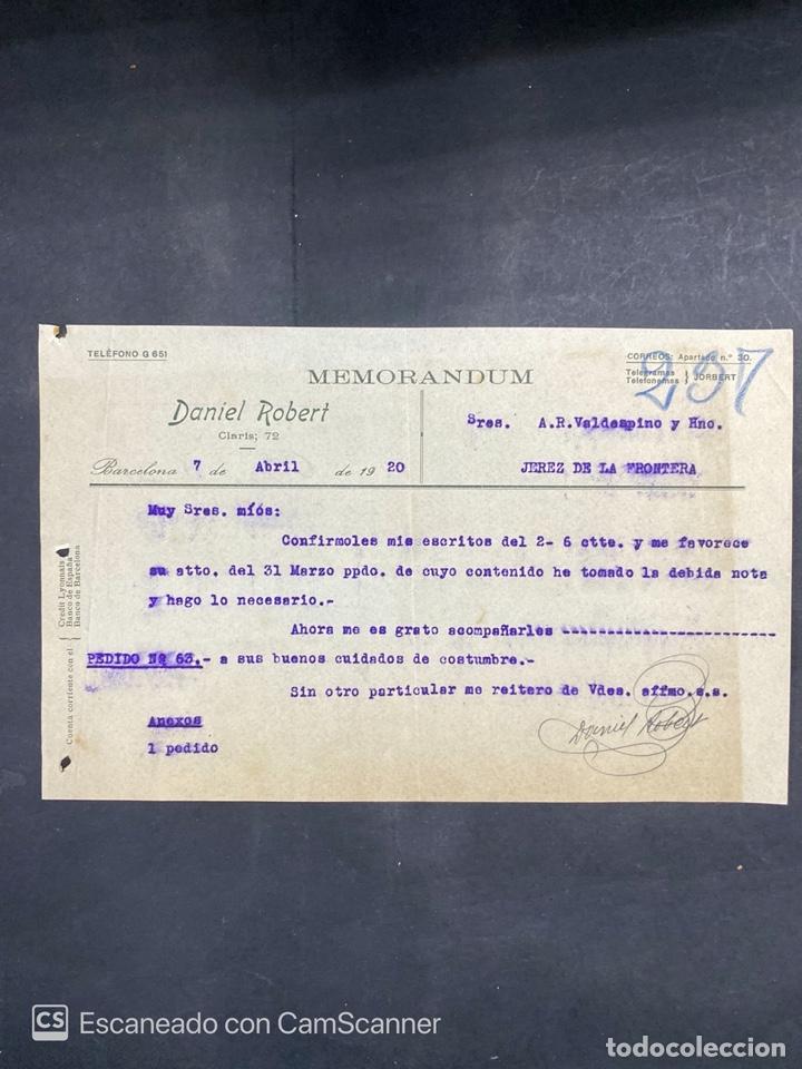 Cartas comerciais: MEMORANDUM. DANIEL ROBERT. BARCELONA, 1920. DIRIGIDA A A.R. VALDESPINO & HNO., JEREZ DE LA FRA.
