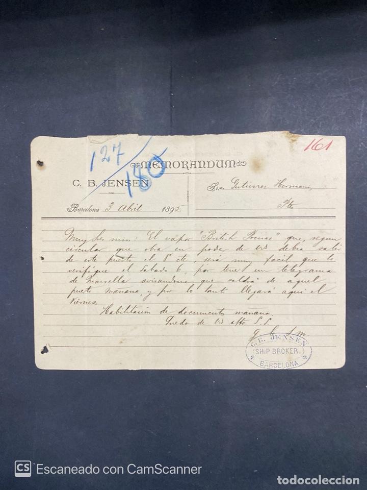 Cartas comerciais: MEMORANDUM. C.B. JENSEN. BARCELONA, 1895. DIRIGIDA A GUTIERREZ HNOS.