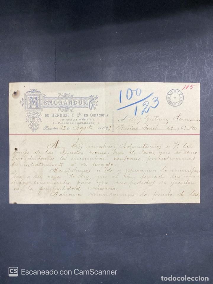 Cartas comerciais: MEMORANDUM. HENRICH Y CIA EN COMANDITA. BARCELONA, 1893. DIRIGIDA A GUTIERREZ HNOS.