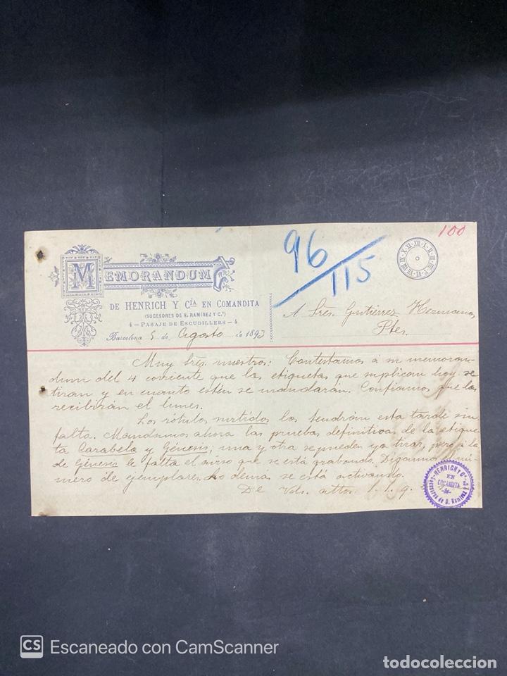 Cartas comerciais: MEMORANDUM. HENRICH Y CIA EN COMANDITA. BARCELONA, 1893. DIRIGIDA A GUTIERREZ HNOS.