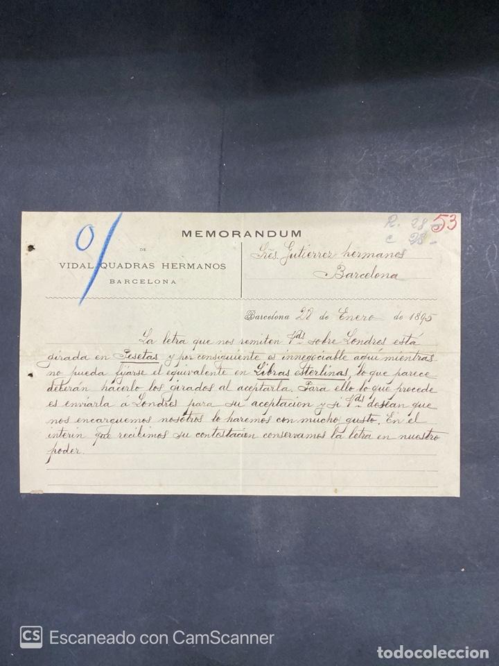 Cartas comerciais: MEMORANDUM. VIDAL QUADRAS HERMANOS. BARCELONA, 1895. DIRIGIDA A GUTIERREZ HERMANOS.