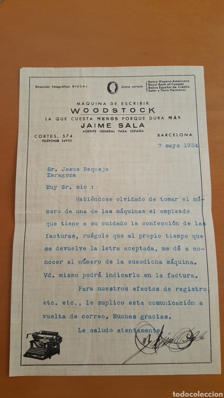 Cartas comerciais: Carta mayo 1934 Jaime Sala (Woodstock) Barcelona a Zaragoza
