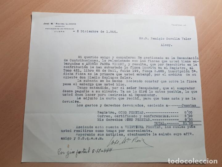 Gesch&auml;ftsbriefe: ROVIRA LLORENS PROCURADOR TRIBUNALES JIJONA A SOROLLA VALOR ALCOY ALICANTE 1944