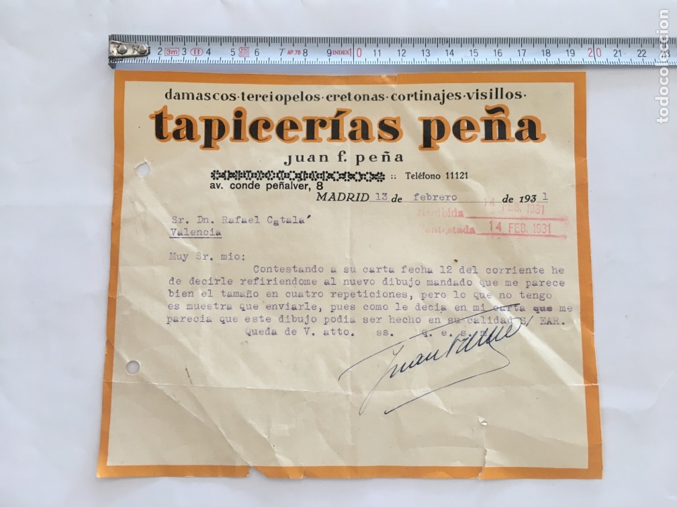 Commercial Letters: TAPICER&Iacute;AS PE&Ntilde;A. JUAN F. PE&Ntilde;A. CARTA COMERCIAL. MADRID, 13 FEBRERO 1931.